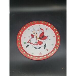 Vintage GIFTCO INC 1981 Metal Round Christmas Serving Tray Santa & Mrs Claus